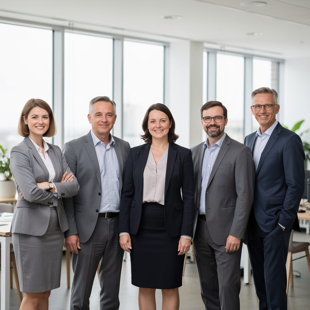 Team of researchers standing together in an office
