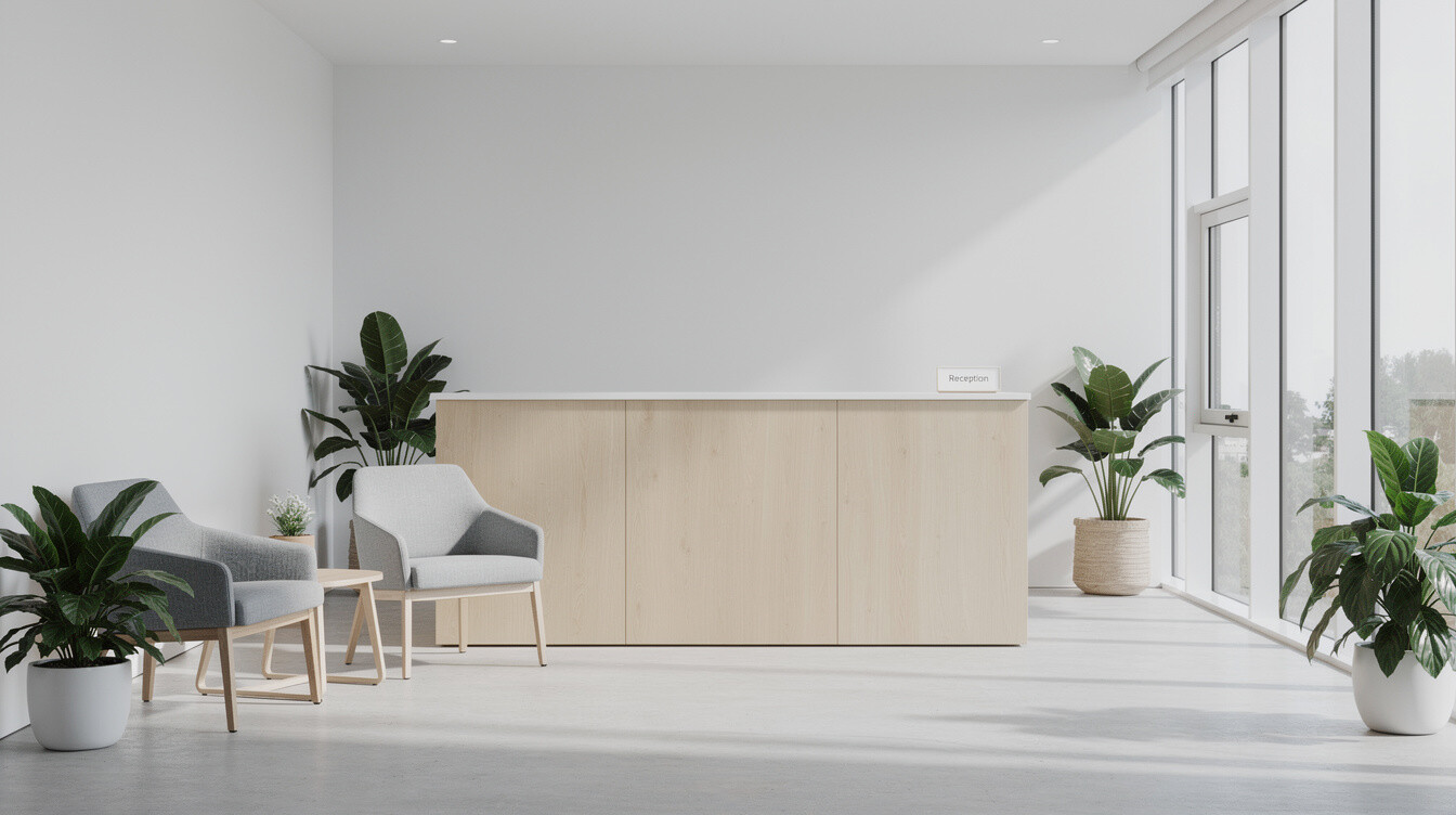 Bright modern office reception area with seating